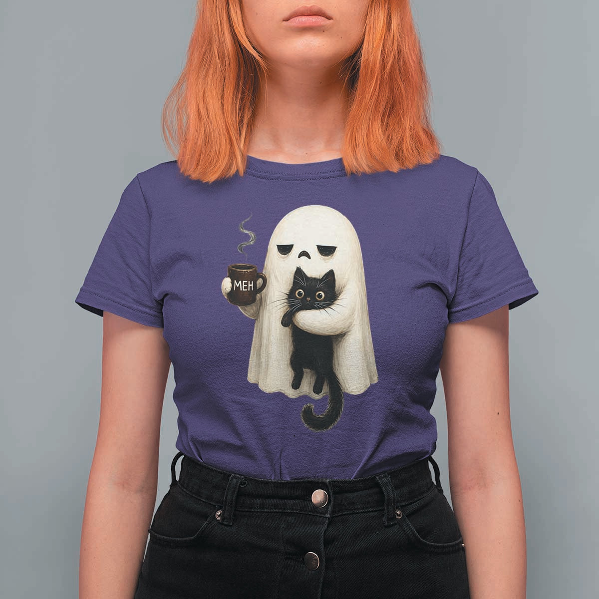 Meh Boojee Sleepy Ghost Holding Black Cat Drinking Coffee T Shirt For Women Spooky Halloween Cute Autumn Morning Mood Graphic