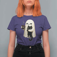 Meh Boojee Sleepy Ghost Holding Black Cat Drinking Coffee T Shirt For Women Spooky Halloween Cute Autumn Morning Mood Graphic