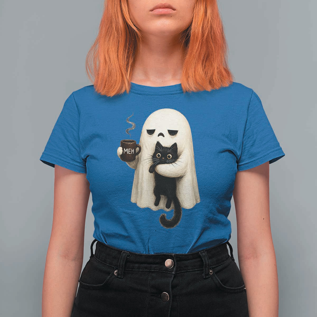 Meh Boojee Sleepy Ghost Holding Black Cat Drinking Coffee T Shirt For Women Spooky Halloween Cute Autumn Morning Mood Graphic