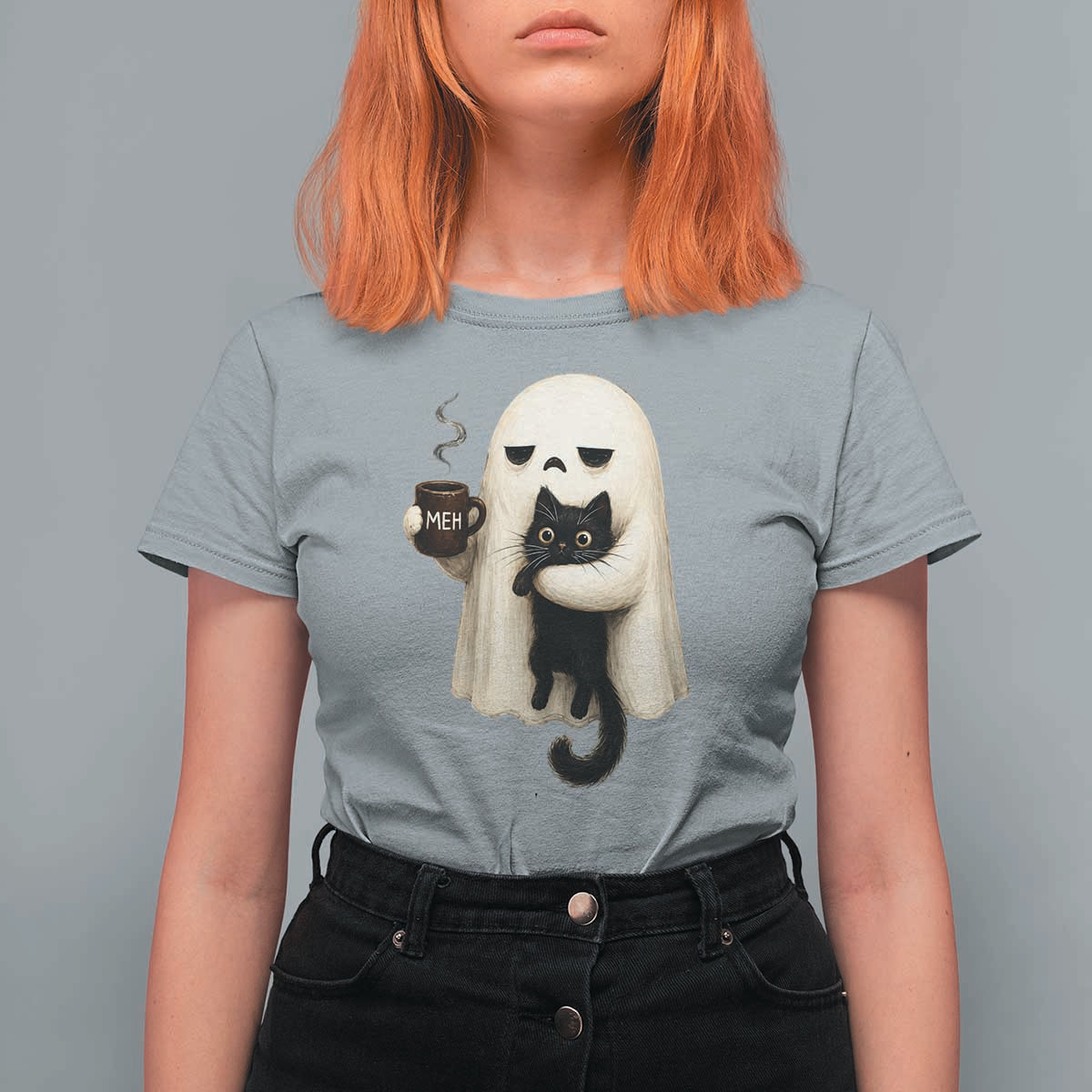 Meh Boojee Sleepy Ghost Holding Black Cat Drinking Coffee T Shirt For Women Spooky Halloween Cute Autumn Morning Mood Graphic