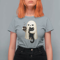 Meh Boojee Sleepy Ghost Holding Black Cat Drinking Coffee T Shirt For Women Spooky Halloween Cute Autumn Morning Mood Graphic