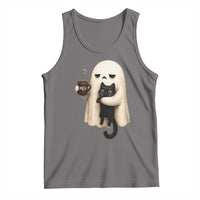 Meh Boojee Sleepy Ghost Holding Black Cat Drinking Coffee Tank Top Spooky Halloween Cute Autumn Morning Mood Graphic