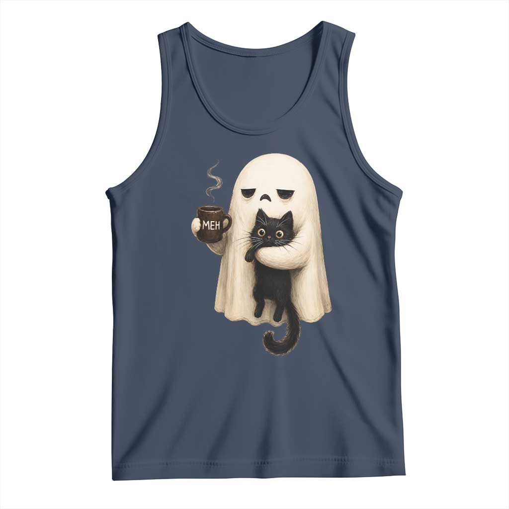 Meh Boojee Sleepy Ghost Holding Black Cat Drinking Coffee Tank Top Spooky Halloween Cute Autumn Morning Mood Graphic