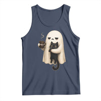 Meh Boojee Sleepy Ghost Holding Black Cat Drinking Coffee Tank Top Spooky Halloween Cute Autumn Morning Mood Graphic