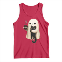 Meh Boojee Sleepy Ghost Holding Black Cat Drinking Coffee Tank Top Spooky Halloween Cute Autumn Morning Mood Graphic