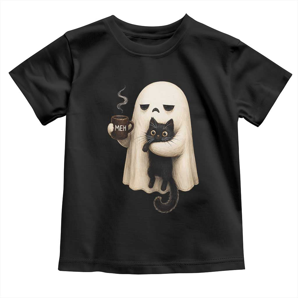 Meh Boojee Sleepy Ghost Holding Black Cat Drinking Coffee Toddler T Shirt Spooky Halloween Cute Autumn Morning Mood Graphic
