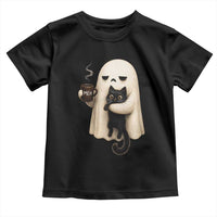 Meh Boojee Sleepy Ghost Holding Black Cat Drinking Coffee Toddler T Shirt Spooky Halloween Cute Autumn Morning Mood Graphic