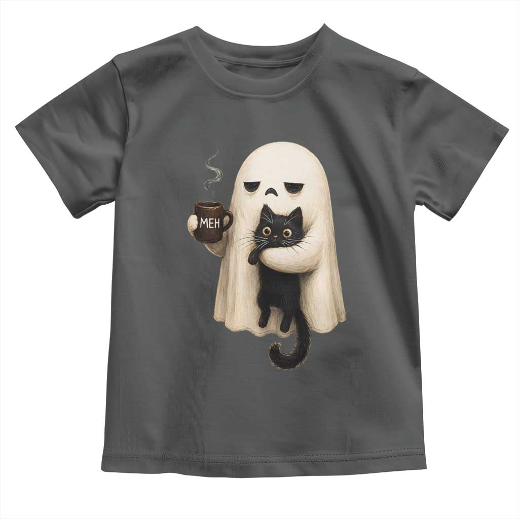 Meh Boojee Sleepy Ghost Holding Black Cat Drinking Coffee Toddler T Shirt Spooky Halloween Cute Autumn Morning Mood Graphic