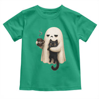 Meh Boojee Sleepy Ghost Holding Black Cat Drinking Coffee Toddler T Shirt Spooky Halloween Cute Autumn Morning Mood Graphic