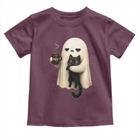 Meh Boojee Sleepy Ghost Holding Black Cat Drinking Coffee Toddler T Shirt Spooky Halloween Cute Autumn Morning Mood Graphic