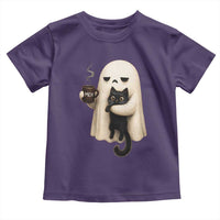 Meh Boojee Sleepy Ghost Holding Black Cat Drinking Coffee Toddler T Shirt Spooky Halloween Cute Autumn Morning Mood Graphic