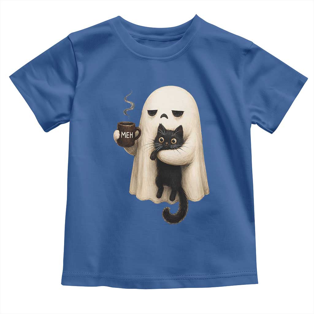 Meh Boojee Sleepy Ghost Holding Black Cat Drinking Coffee Toddler T Shirt Spooky Halloween Cute Autumn Morning Mood Graphic