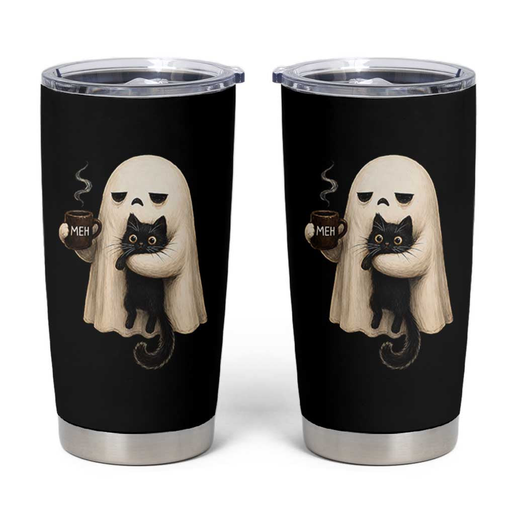 Meh Boojee Sleepy Ghost Holding Black Cat Drinking Coffee Tumbler Cup Spooky Halloween Cute Autumn Morning Mood Graphic