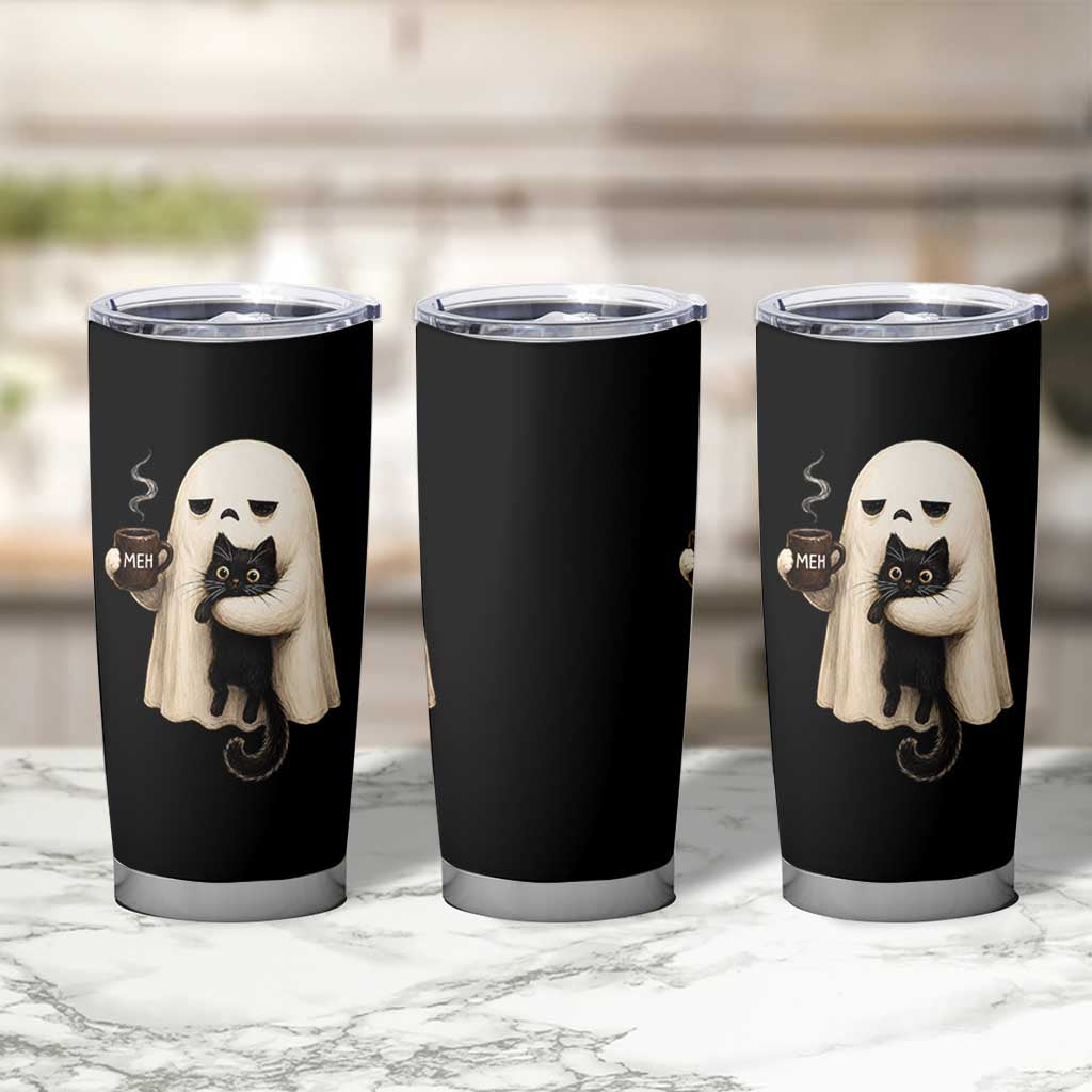Meh Boojee Sleepy Ghost Holding Black Cat Drinking Coffee Tumbler Cup Spooky Halloween Cute Autumn Morning Mood Graphic