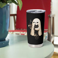 Meh Boojee Sleepy Ghost Holding Black Cat Drinking Coffee Tumbler Cup Spooky Halloween Cute Autumn Morning Mood Graphic