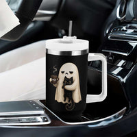 Meh Boojee Sleepy Ghost Holding Black Cat Drinking Coffee Tumbler With Handle Spooky Halloween Cute Autumn Morning Mood Graphic