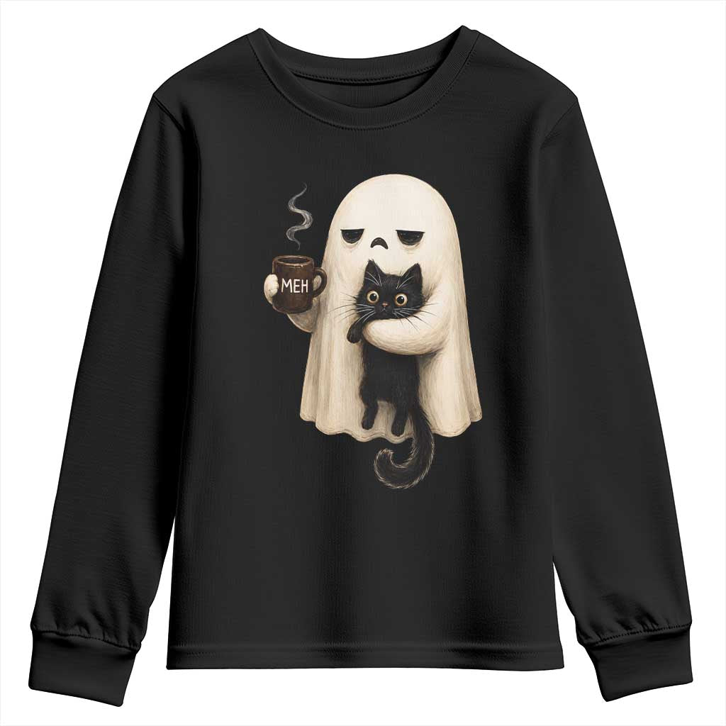Meh Boojee Sleepy Ghost Holding Black Cat Drinking Coffee Youth Sweatshirt Spooky Halloween Cute Autumn Morning Mood Graphic