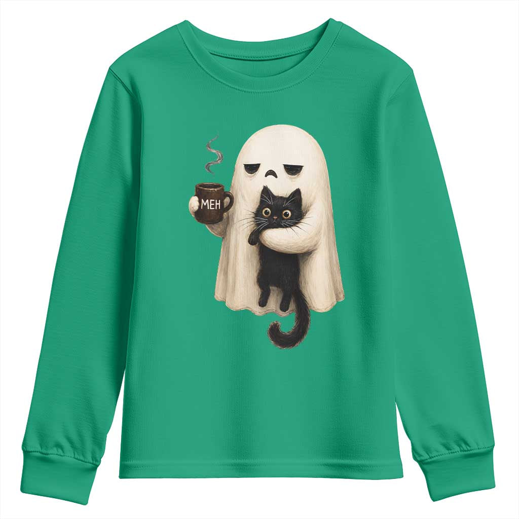 Meh Boojee Sleepy Ghost Holding Black Cat Drinking Coffee Youth Sweatshirt Spooky Halloween Cute Autumn Morning Mood Graphic