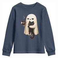 Meh Boojee Sleepy Ghost Holding Black Cat Drinking Coffee Youth Sweatshirt Spooky Halloween Cute Autumn Morning Mood Graphic