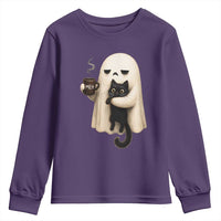 Meh Boojee Sleepy Ghost Holding Black Cat Drinking Coffee Youth Sweatshirt Spooky Halloween Cute Autumn Morning Mood Graphic