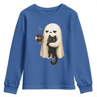 Meh Boojee Sleepy Ghost Holding Black Cat Drinking Coffee Youth Sweatshirt Spooky Halloween Cute Autumn Morning Mood Graphic