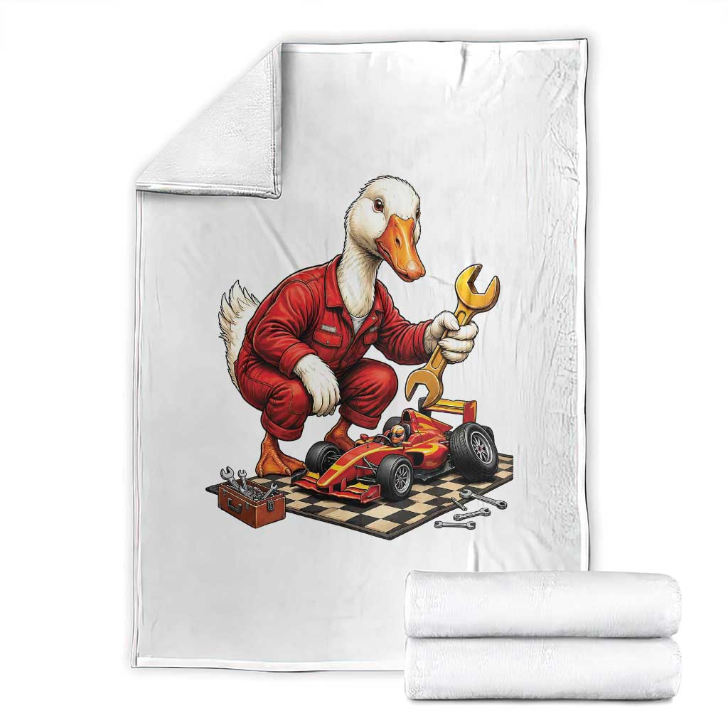 Funny Duck Mechanic Race Car Pit Crew Throw Blanket Motorsports Enthusiast Auto Repair