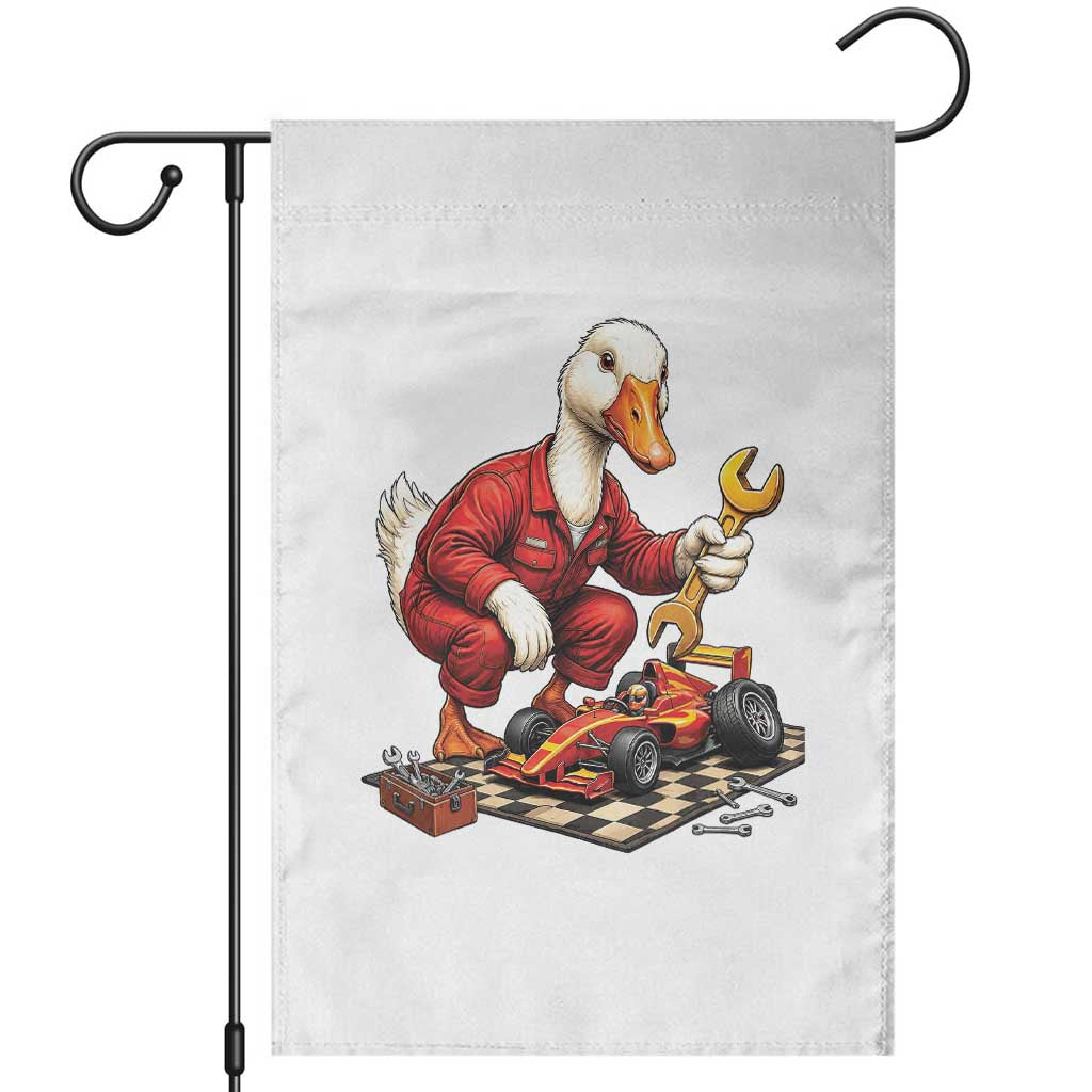 Funny Duck Mechanic Race Car Pit Crew Garden Flag Motorsports Enthusiast Auto Repair