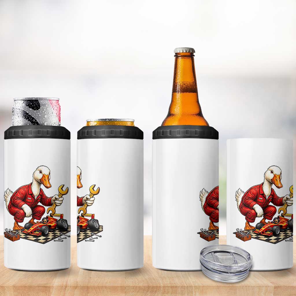 Funny Duck Mechanic Race Car Pit Crew 4 in 1 Can Cooler Tumbler Motorsports Enthusiast Auto Repair