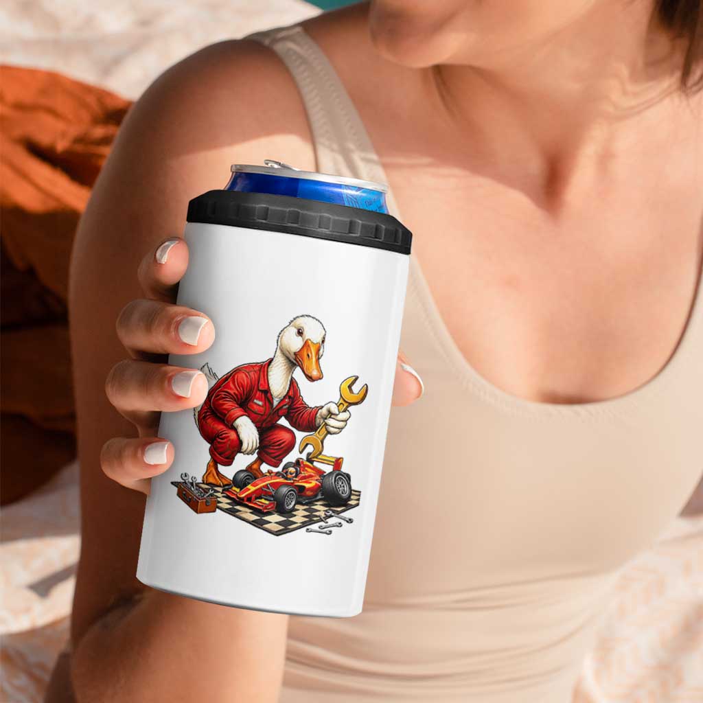 Funny Duck Mechanic Race Car Pit Crew 4 in 1 Can Cooler Tumbler Motorsports Enthusiast Auto Repair