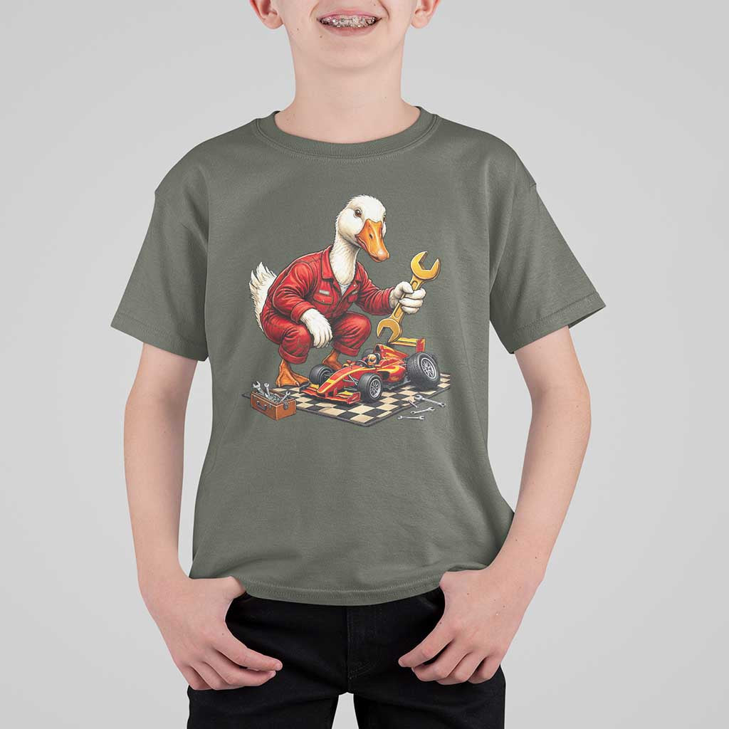 Funny Duck Mechanic Race Car Pit Crew T Shirt For Kid Motorsports Enthusiast Auto Repair