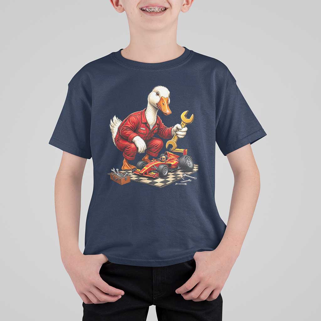 Funny Duck Mechanic Race Car Pit Crew T Shirt For Kid Motorsports Enthusiast Auto Repair