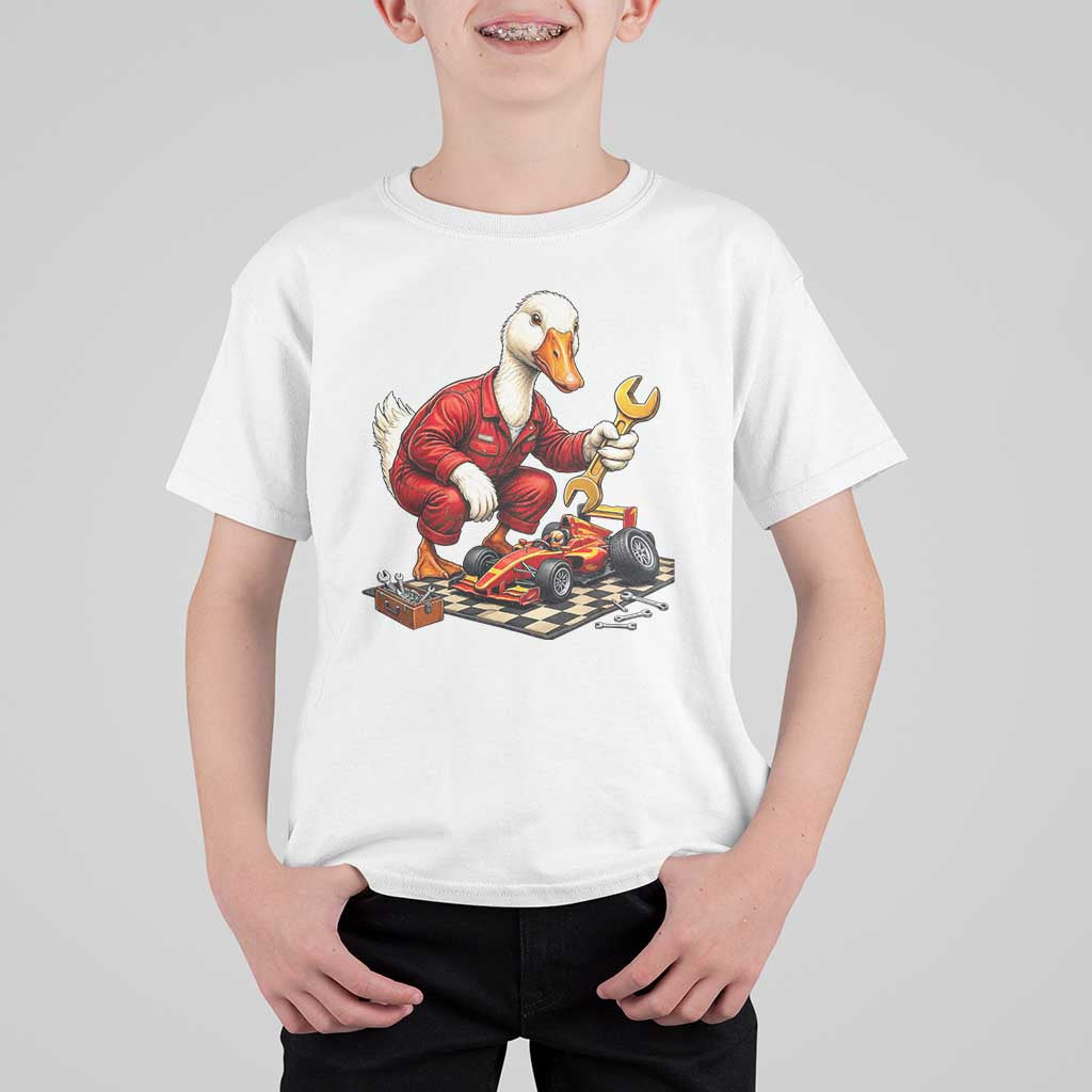 Funny Duck Mechanic Race Car Pit Crew T Shirt For Kid Motorsports Enthusiast Auto Repair