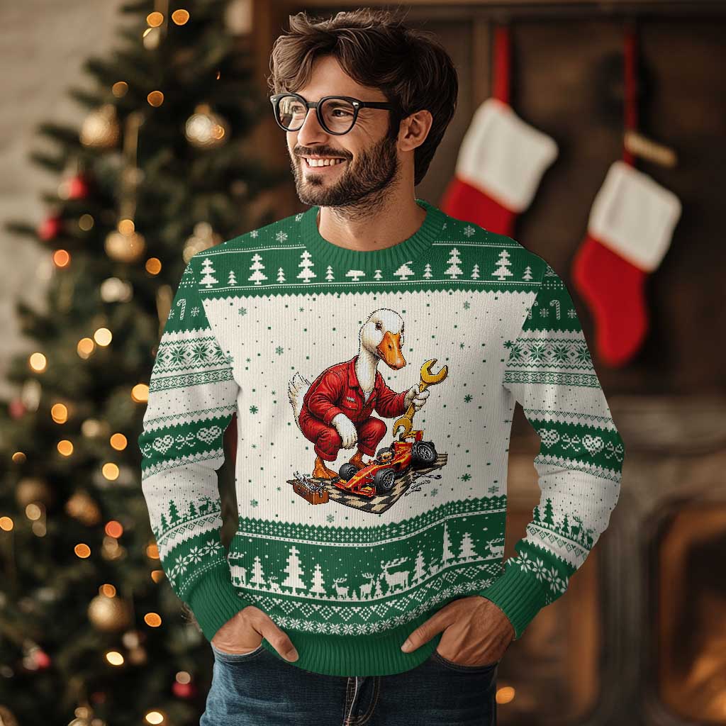 Funny Duck Mechanic Race Car Pit Crew Ugly Christmas Sweater Motorsports Enthusiast Auto Repair