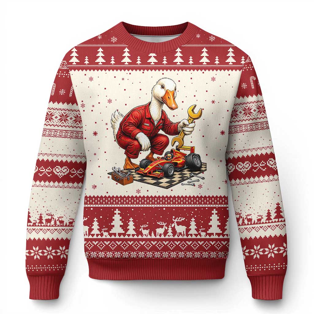 Funny Duck Mechanic Race Car Pit Crew Ugly Christmas Sweater Motorsports Enthusiast Auto Repair