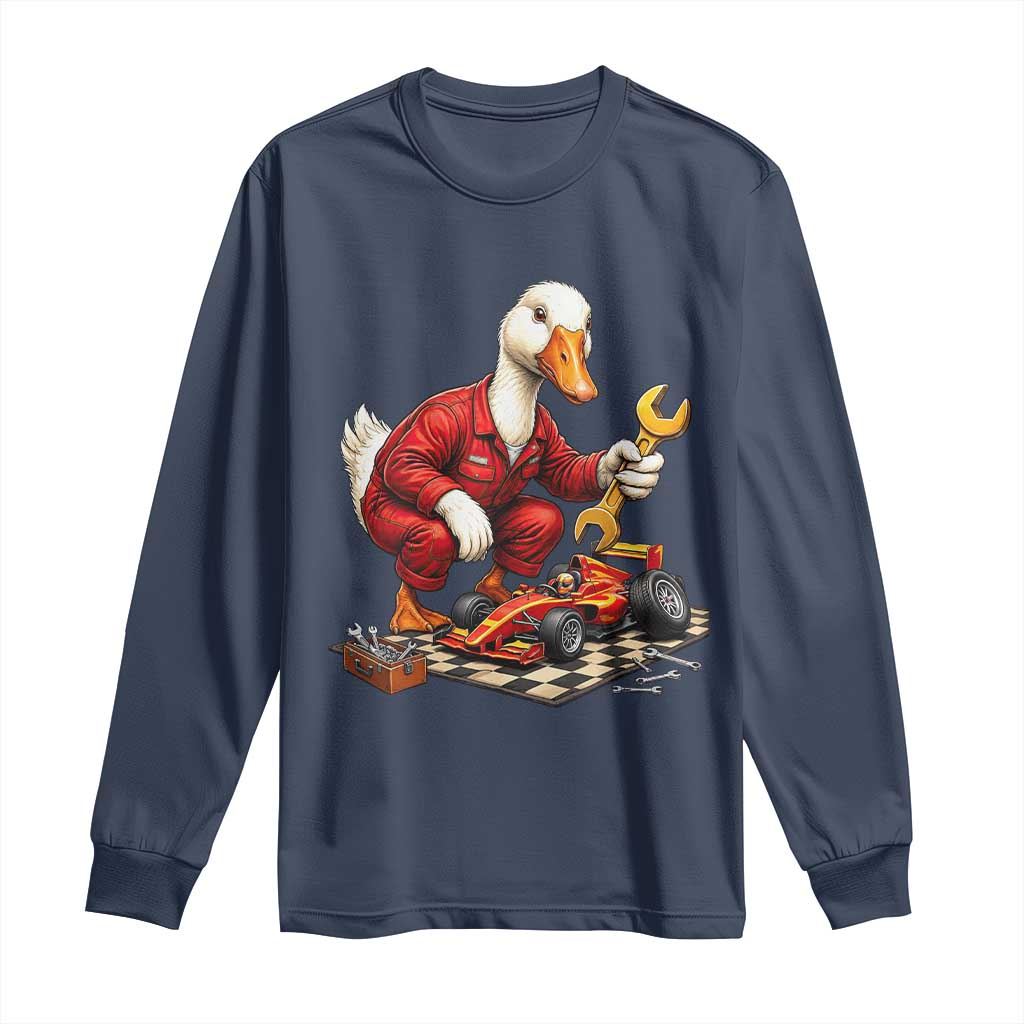 Funny Duck Mechanic Race Car Pit Crew Long Sleeve Shirt Motorsports Enthusiast Auto Repair