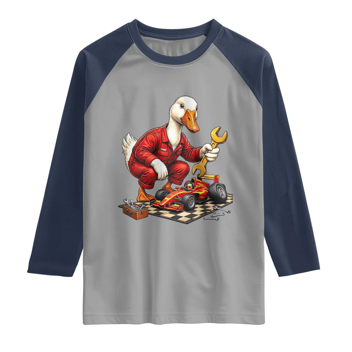 Funny Duck Mechanic Race Car Pit Crew Raglan Shirt Motorsports Enthusiast Auto Repair