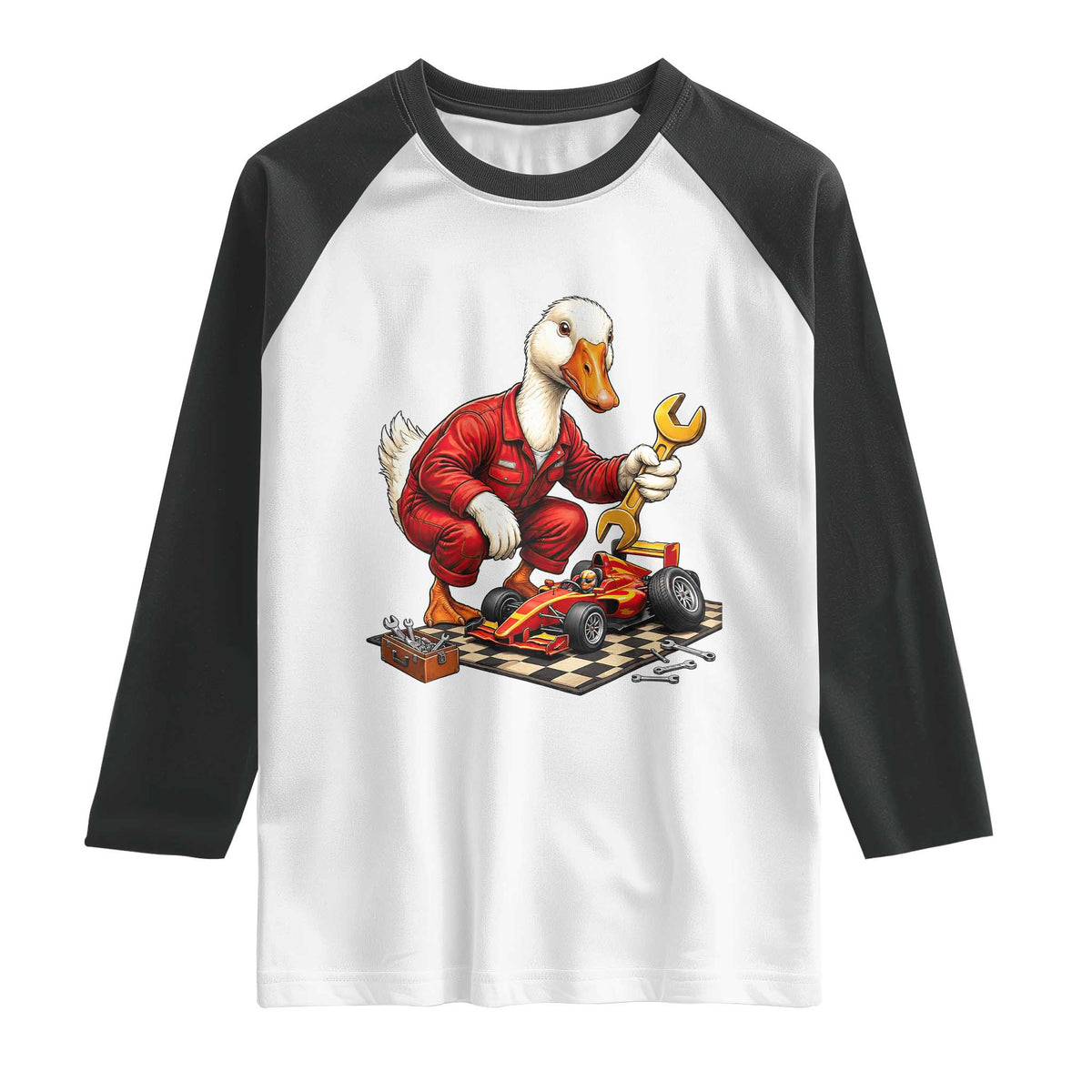 Funny Duck Mechanic Race Car Pit Crew Raglan Shirt Motorsports Enthusiast Auto Repair