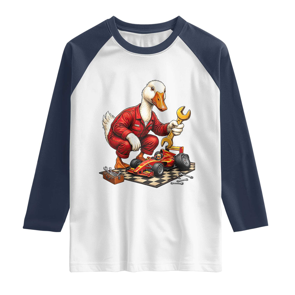 Funny Duck Mechanic Race Car Pit Crew Raglan Shirt Motorsports Enthusiast Auto Repair