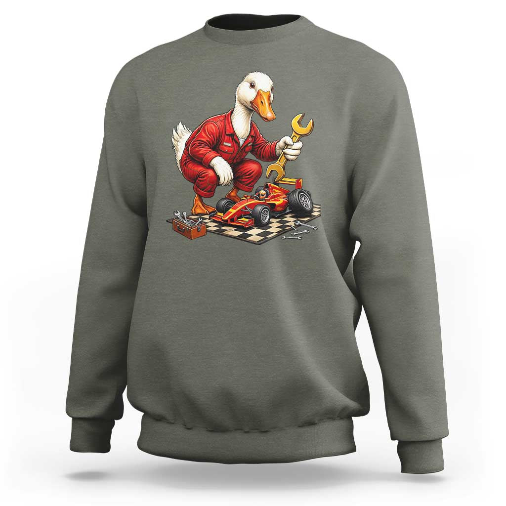 Funny Duck Mechanic Race Car Pit Crew Sweatshirt Motorsports Enthusiast Auto Repair