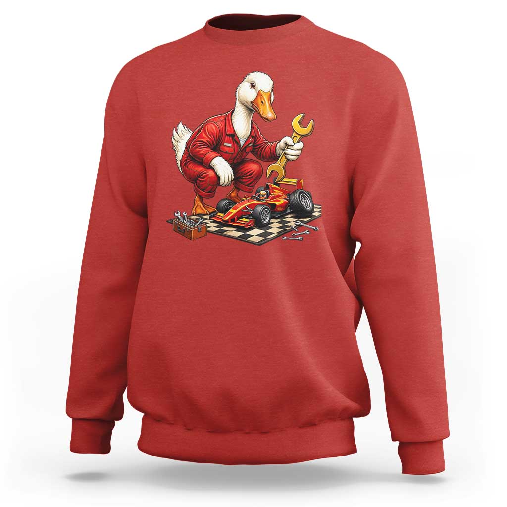 Funny Duck Mechanic Race Car Pit Crew Sweatshirt Motorsports Enthusiast Auto Repair