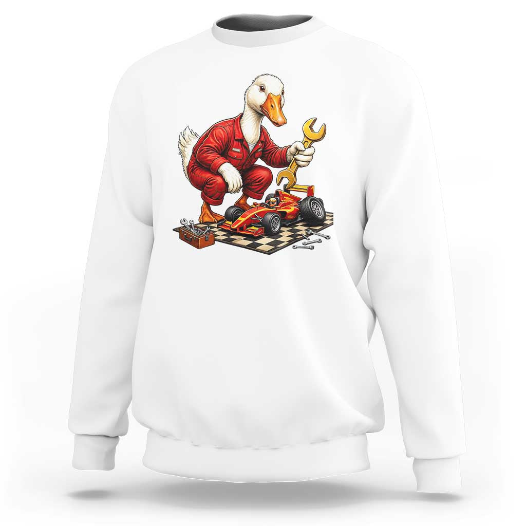 Funny Duck Mechanic Race Car Pit Crew Sweatshirt Motorsports Enthusiast Auto Repair