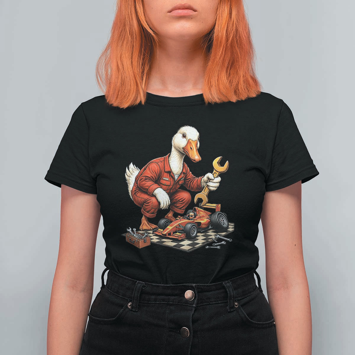 Funny Duck Mechanic Race Car Pit Crew T Shirt For Women Motorsports Enthusiast Auto Repair