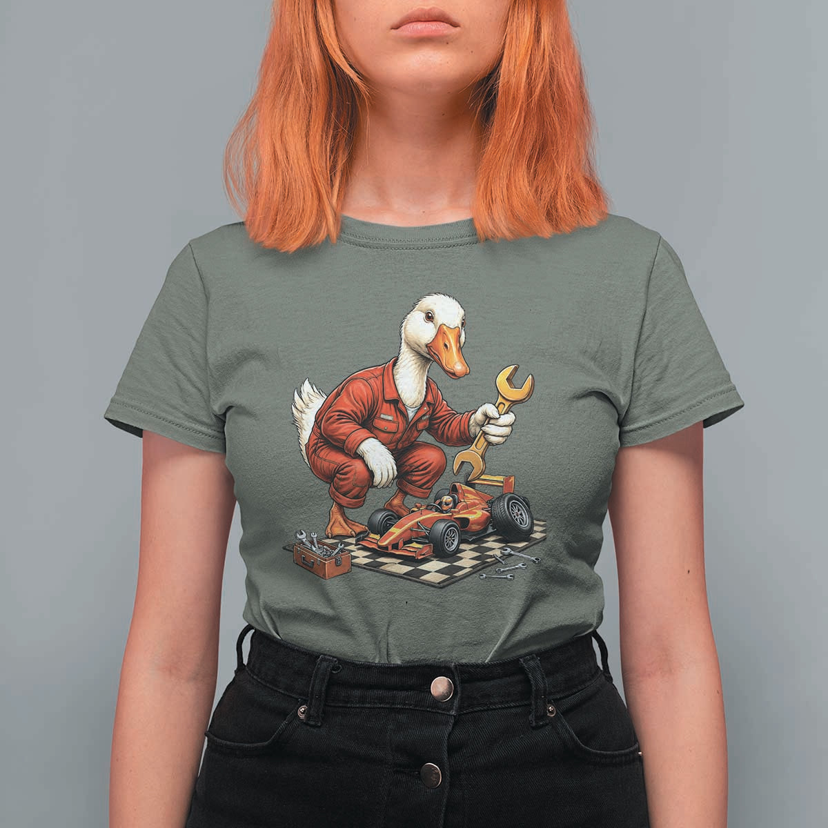 Funny Duck Mechanic Race Car Pit Crew T Shirt For Women Motorsports Enthusiast Auto Repair