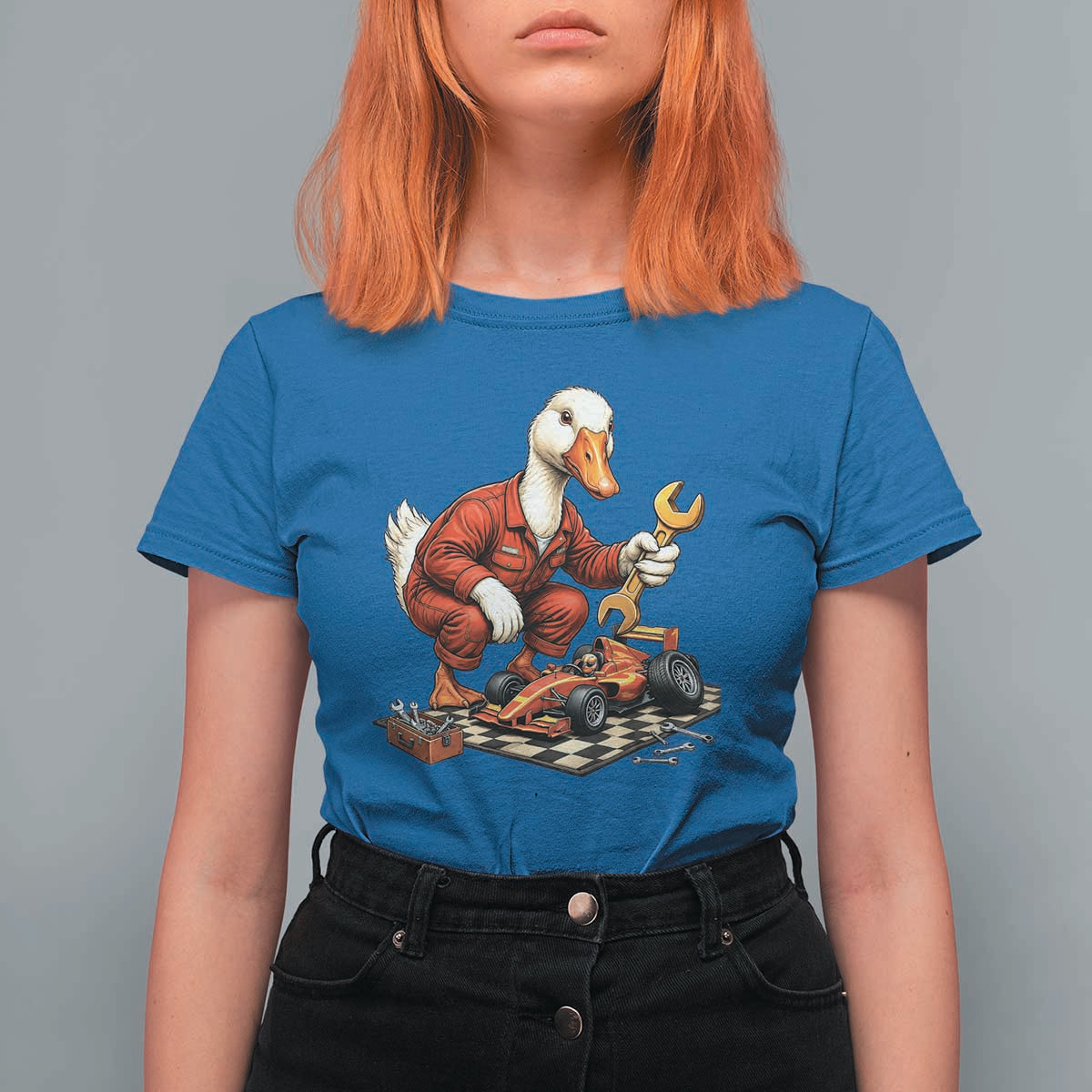 Funny Duck Mechanic Race Car Pit Crew T Shirt For Women Motorsports Enthusiast Auto Repair