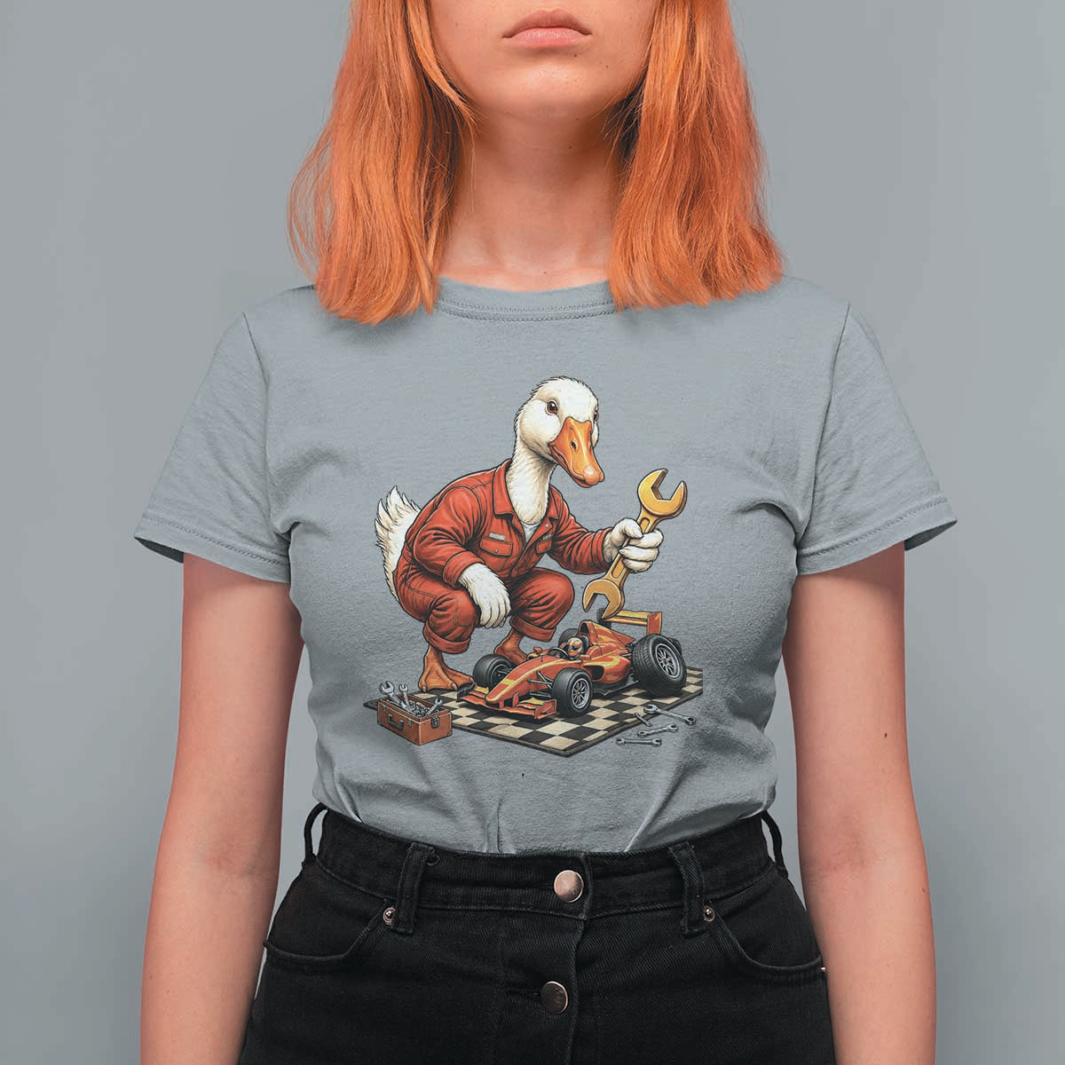 Funny Duck Mechanic Race Car Pit Crew T Shirt For Women Motorsports Enthusiast Auto Repair