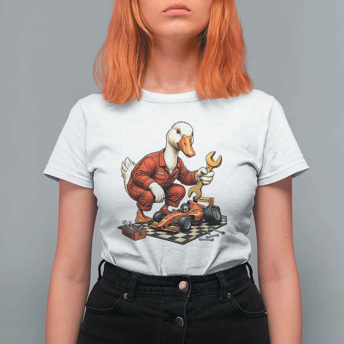 Funny Duck Mechanic Race Car Pit Crew T Shirt For Women Motorsports Enthusiast Auto Repair