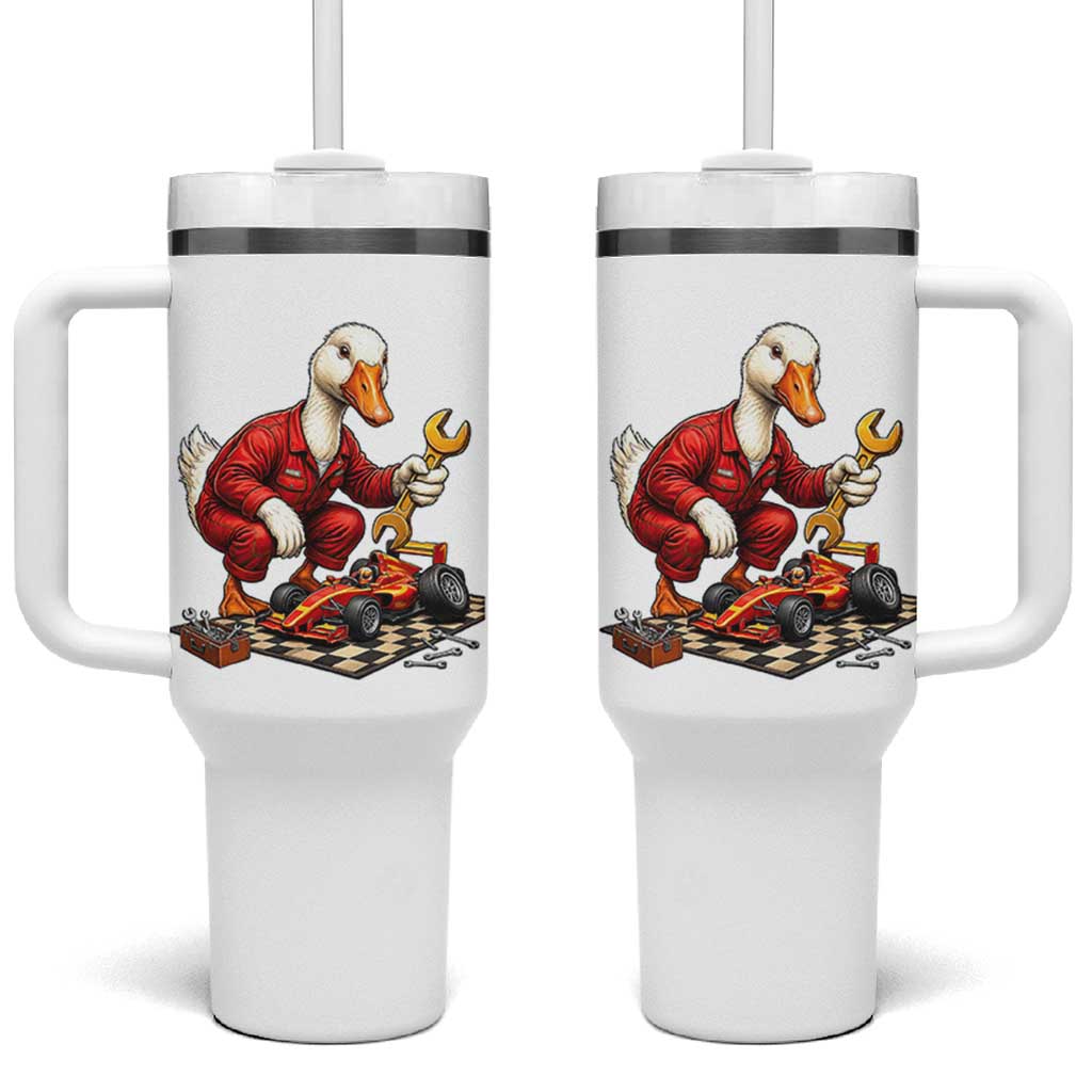 Funny Duck Mechanic Race Car Pit Crew Tumbler With Handle Motorsports Enthusiast Auto Repair