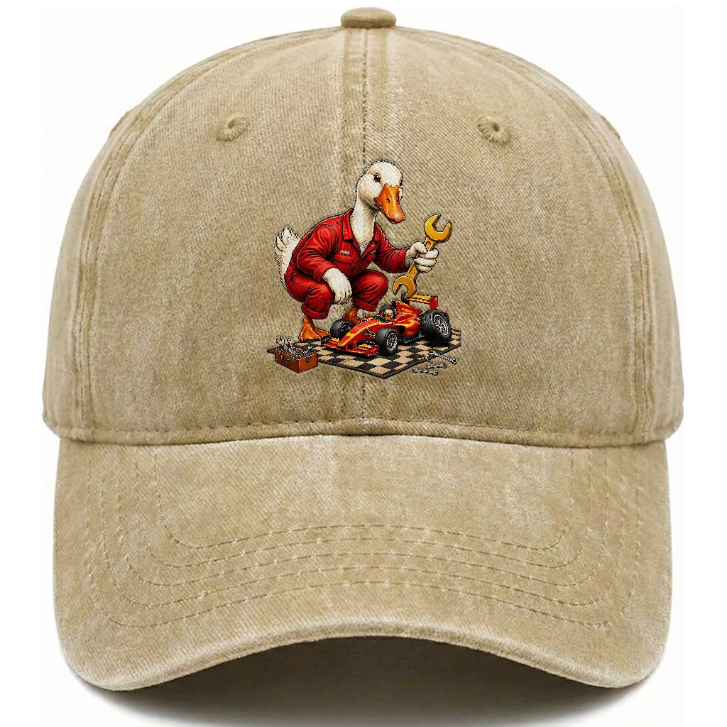 Funny Duck Mechanic Race Car Pit Crew Washed Cotton Baseball Cap Motorsports Enthusiast Auto Repair