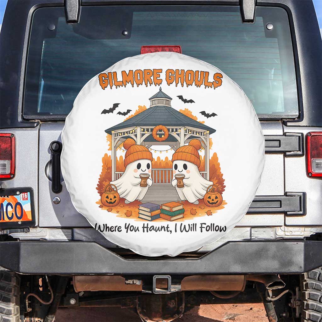 Cute Gilmore Ghouls Halloween Ghost Spare Tire Cover Cozy Fall Aesthetic with Pumpkin Spice and Books - Wonder Print Shop