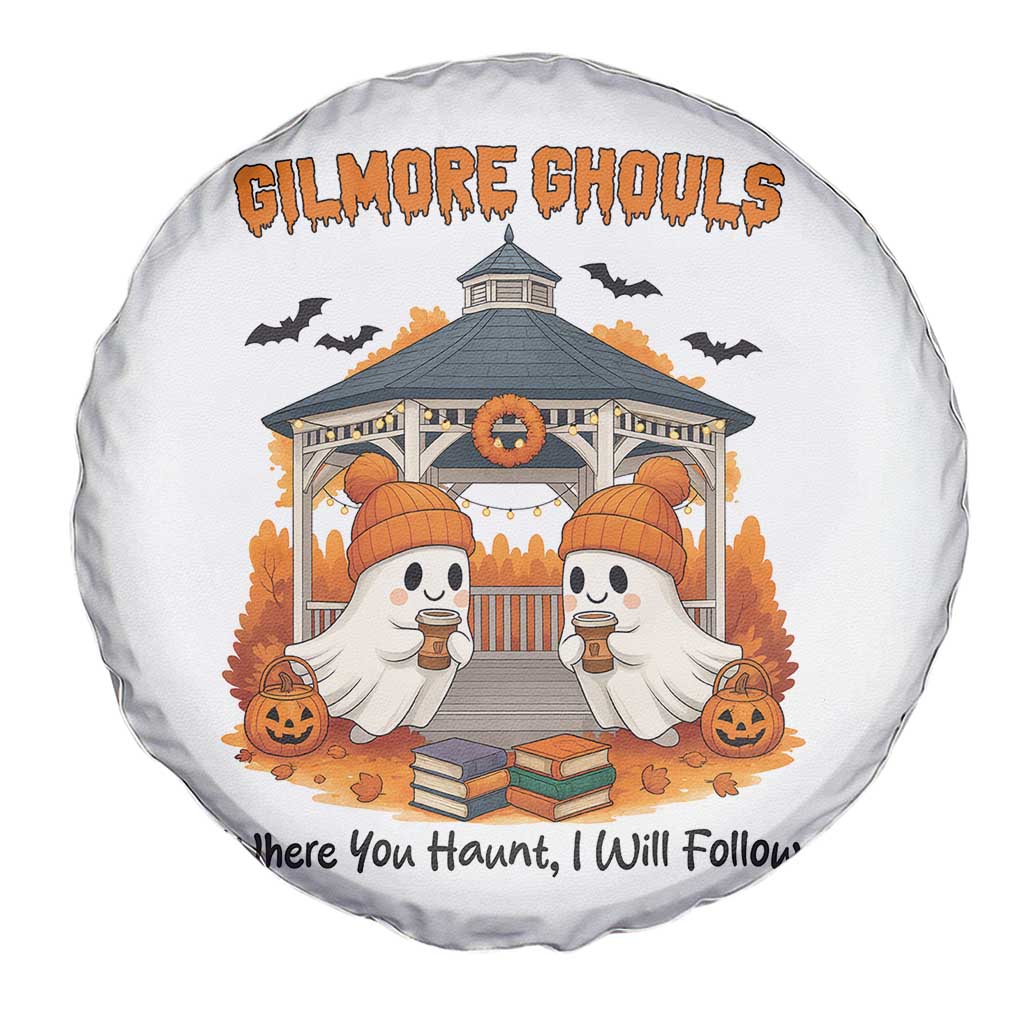 Cute Gilmore Ghouls Halloween Ghost Spare Tire Cover Cozy Fall Aesthetic with Pumpkin Spice and Books - Wonder Print Shop